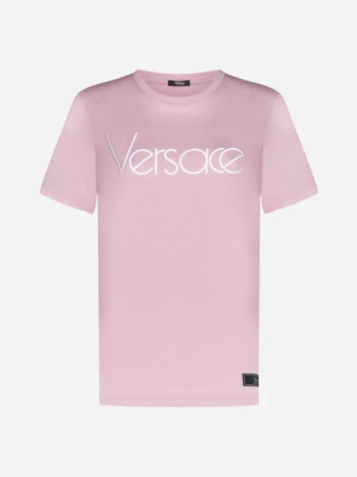 Shop Versace Logo Cotton T-shirt In Pink,white