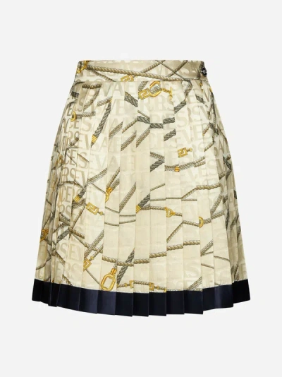 Versace Multicolor Pleated Mini Skirt With All-over Logo Print In Sand,gold