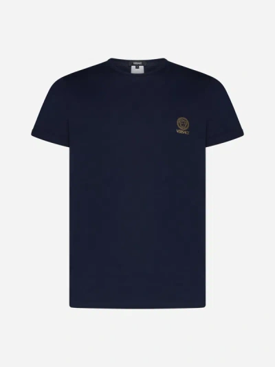 Shop Versace Logo Cotton T-shirt In Blue