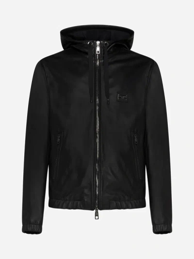Shop Dolce & Gabbana Leather Hooded Jacket In Black