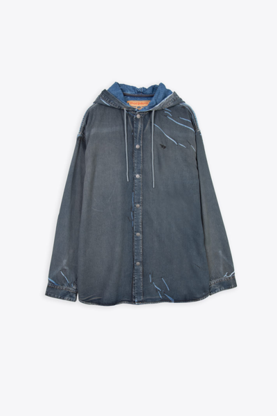 Shop Diesel D-dewny-hood-s1 Blue Denim Hooded Shirt With Black Coating Detail - D Dewny Hood S1 In Grigio/blu