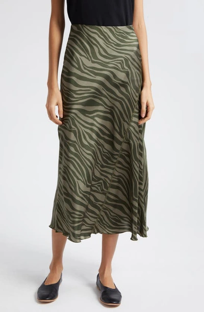 Shop Atm Anthony Thomas Melillo Zebra Stripe Silk Charmeuse Midi Skirt In Army Combo