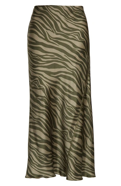 Shop Atm Anthony Thomas Melillo Zebra Stripe Silk Charmeuse Midi Skirt In Army Combo