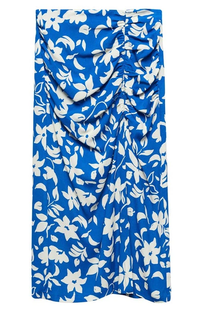 Shop Mango Floral Side Slit High Waist Midi Skirt In Blue