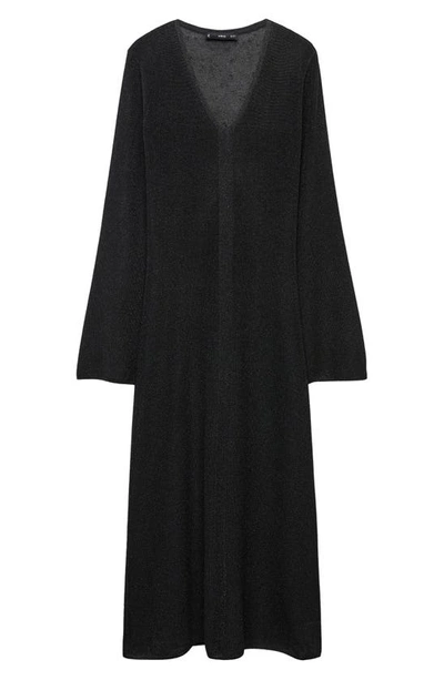 Shop Mango Metallic V-neck Long Sleeve Midi Sweater Dress In Black