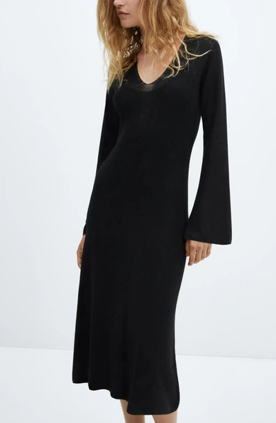 Shop Mango Metallic V-neck Long Sleeve Midi Sweater Dress In Black