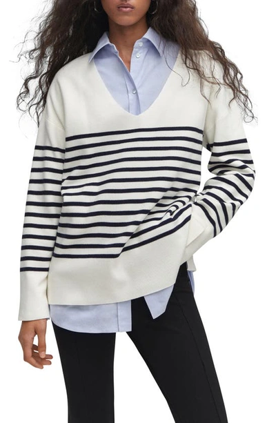 Shop Mango Stripe Oversize V-neck Sweater In Navy
