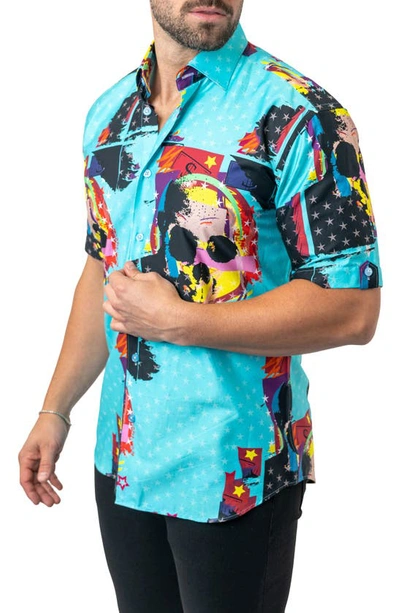 Maceoo Galileo Skullstar Blue Short Sleeve Button-up Shirt In Blue