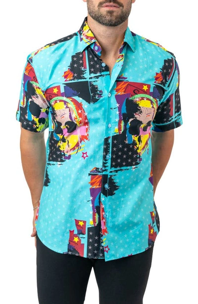 Maceoo Galileo Skullstar Blue Short Sleeve Button-up Shirt In Blue