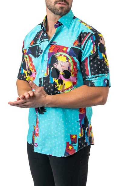 Maceoo Galileo Skullstar Blue Short Sleeve Button-up Shirt In Blue