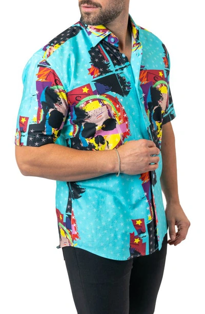 Maceoo Galileo Skullstar Blue Short Sleeve Button-up Shirt In Blue
