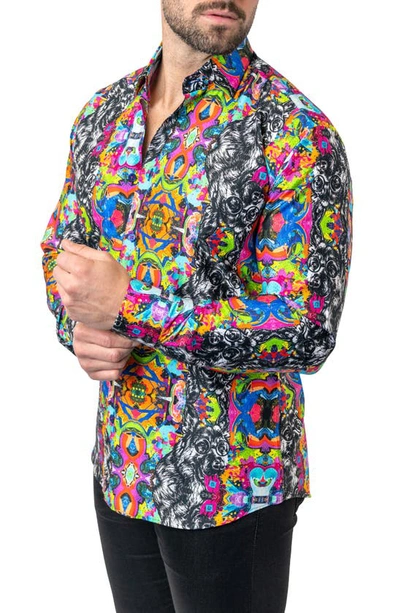 Maceoo Fibonacci Adid Dog Contemporary Fit Button-up Shirt In Black/ Blue/ Pink Multi