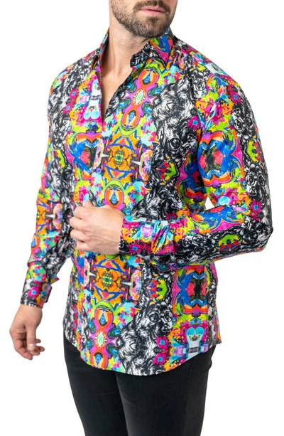 Maceoo Fibonacci Adid Dog Contemporary Fit Button-up Shirt In Black/ Blue/ Pink Multi