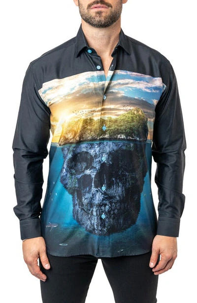 Shop Maceoo Fibonacci Skull Island Cotton Button-up Shirt In Black