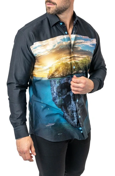 Maceoo Fibonacci Skull Island Cotton Button-up Shirt In Black