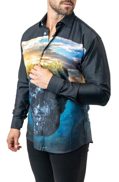 Maceoo Fibonacci Skull Island Cotton Button-up Shirt In Black
