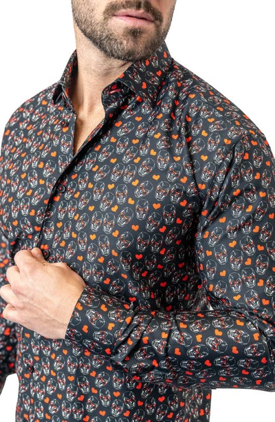 Maceoo Fibonacci Skull Heart Contemporary Fit Button-up Shirt In Black