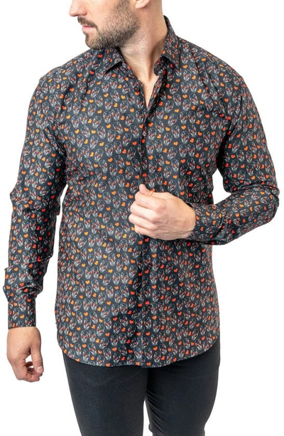 Maceoo Fibonacci Skull Heart Contemporary Fit Button-up Shirt In Black