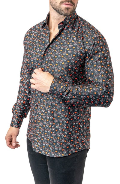 Maceoo Fibonacci Skull Heart Contemporary Fit Button-up Shirt In Black