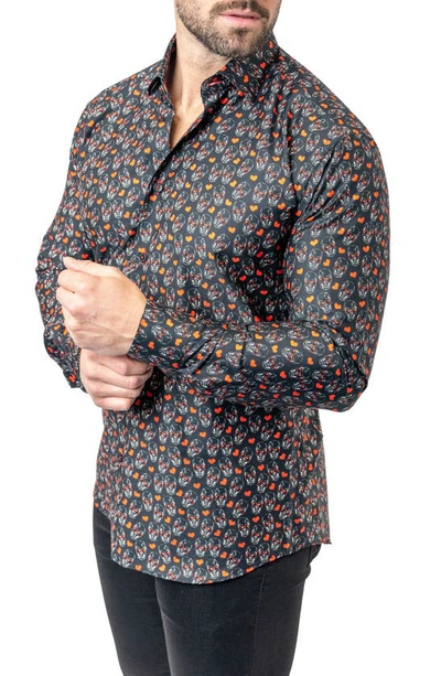 Maceoo Fibonacci Skull Heart Contemporary Fit Button-up Shirt In Black