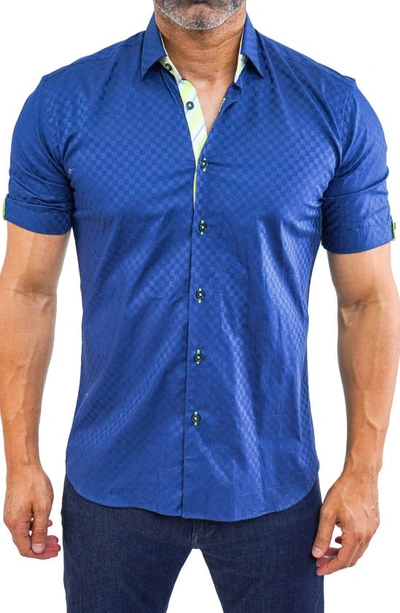 Shop Maceoo Galileo Panam 38 Navy Contemporary Fit Short Sleeve Button-up Shirt In Blue