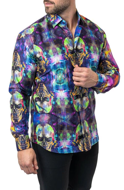 Shop Maceoo Fibonacci Skull Glow Cotton Button-up Shirt In Purple