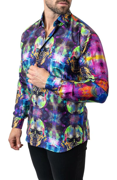 Shop Maceoo Fibonacci Skull Glow Cotton Button-up Shirt In Purple