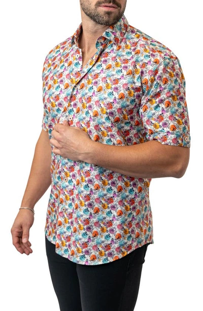 Shop Maceoo Galileo Floral Skull 12 White Contemporary Fit Short Sleeve Button-up Shirt
