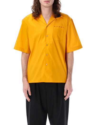 Shop Marni Logo Printed Poplin Bowling Shirt In Yellow