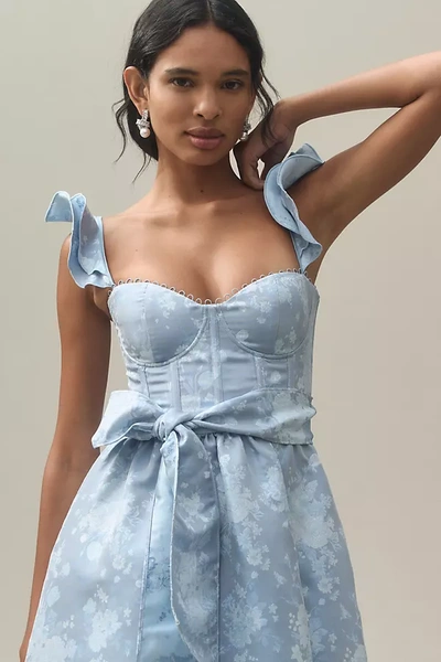 Shop V. Chapman Veronica Corset Ruffle Side-slit Dress In Blue
