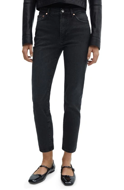 Shop Mango Slim Fit Crop Jeans In Black Denim