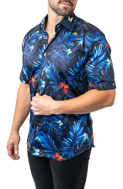 Shop Maceoo Galileo Butterflypalm Black Contemporary Fit Short Sleeve Button-up Shirt
