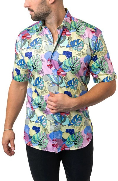 Maceoo Galileo Sidney Multi Contemporary Fit Short Sleeve Button-up Shirt In Yellow