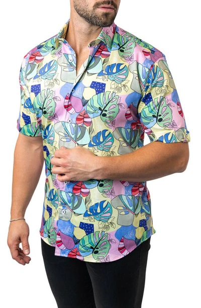 Maceoo Galileo Sidney Multi Contemporary Fit Short Sleeve Button-up Shirt In Yellow