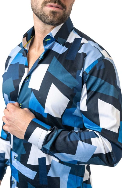 Shop Maceoo Fibonacci Retro Blocks Cotton Button-up Shirt In Blue