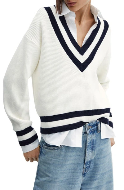 Shop Mango Contrast Stripe V-neck Sweater In Ecru