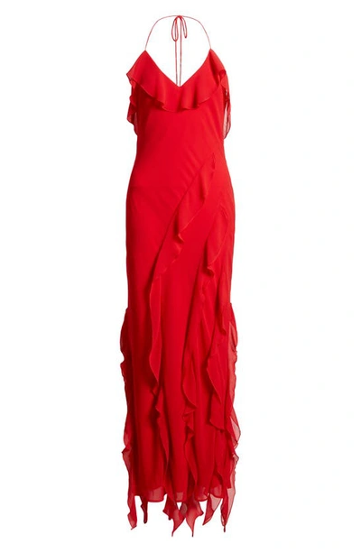 Shop Wayf The Alice Halter Neck Ruffle Gown In Red