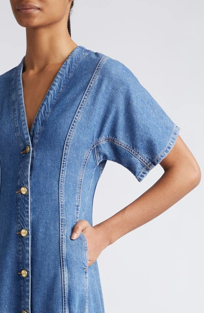 Shop Ganni Future Button Front Organic Cotton Blend Denim Maxi Dress In Mid Blue Stone