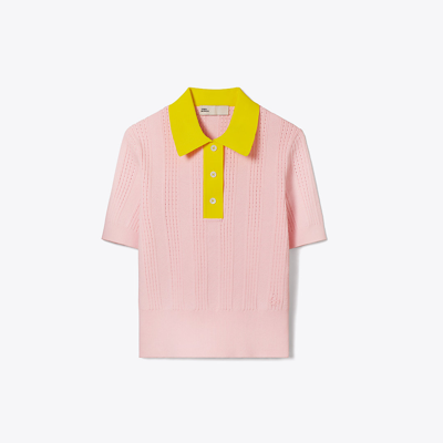 Shop Tory Burch Cotton Pointelle Polo Sweater In Stone Pink/bright Yellow