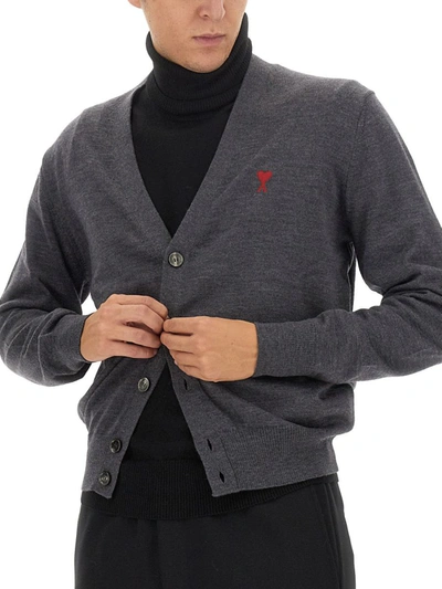 Shop Ami Alexandre Mattiussi Ami Paris Cardigan Con Logo In Grey