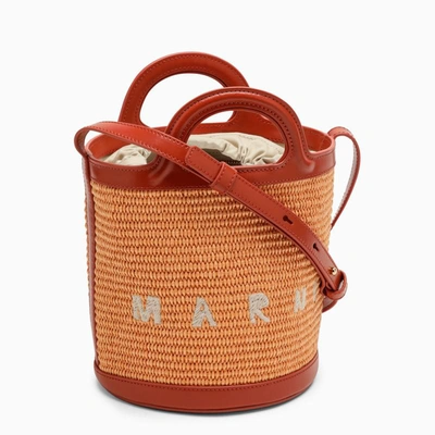 Shop Marni Tropicalia Beige And Raffia Bucket Bag In Orange