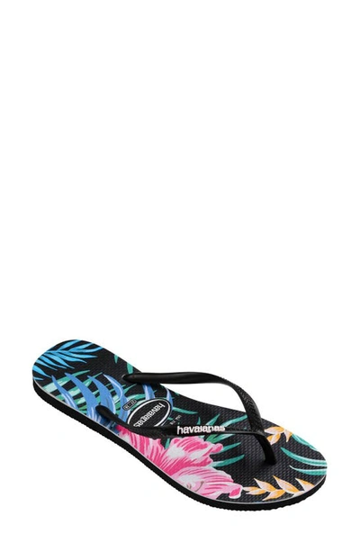 Shop Havaianas Slim Floral Palm Flip Flop In Black/ Black