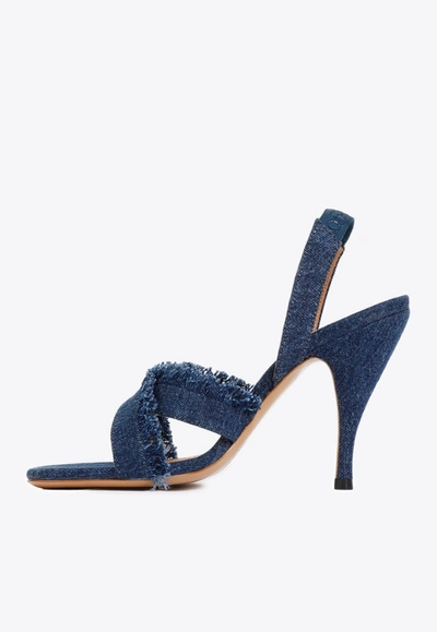 Off-white Curvy Heel Denim Sandal With Fringed Straps In Blue