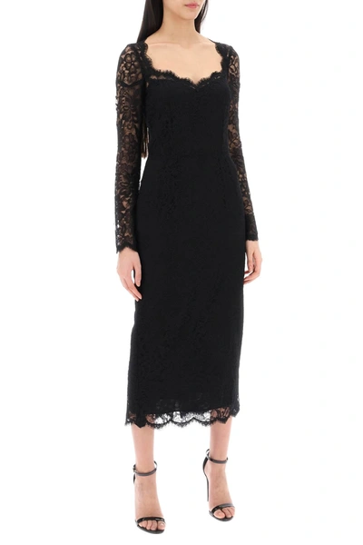 Shop Dolce & Gabbana Midi Dress In Floral Chantilly Lace In Black