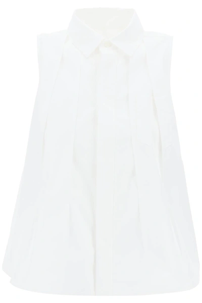 Shop Sacai Camicia Smanicata In Popeline Plissettato In White