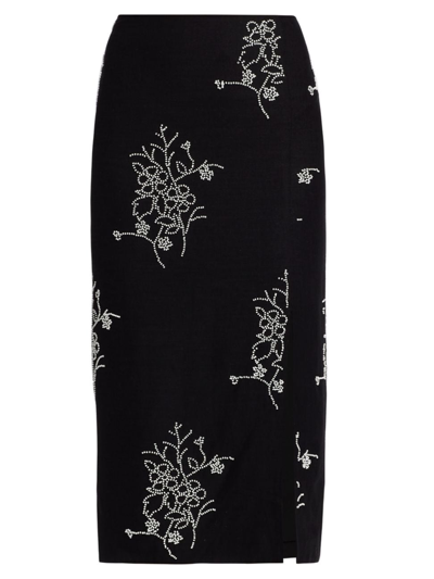 Shop Milly Women's Santanna Floral Beaded Midi-skirt In Black