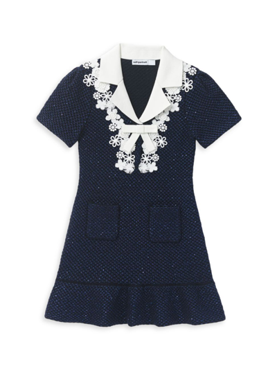 Shop Self-portrait Little Girl's & Girl's Sequin Knit Bow Dress In Blue