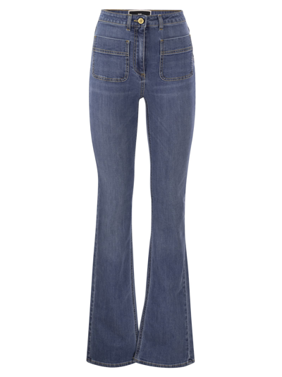 Shop Elisabetta Franchi Paw Jeans With Logo Plates In Medium Denim