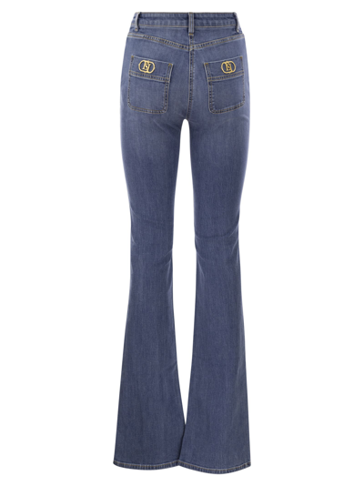 Shop Elisabetta Franchi Paw Jeans With Logo Plates In Medium Denim