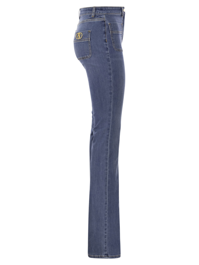 Shop Elisabetta Franchi Paw Jeans With Logo Plates In Medium Denim